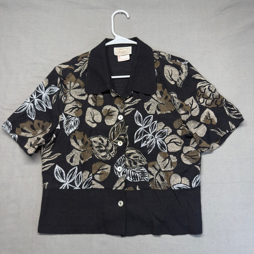 VTG Y2K 90s Tropical Floral Eclectic Blouse Women 12 BLK Made Canada Leaf Print